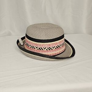2/$10 Chic Pink and Gray Straw Hat with Geometric Band